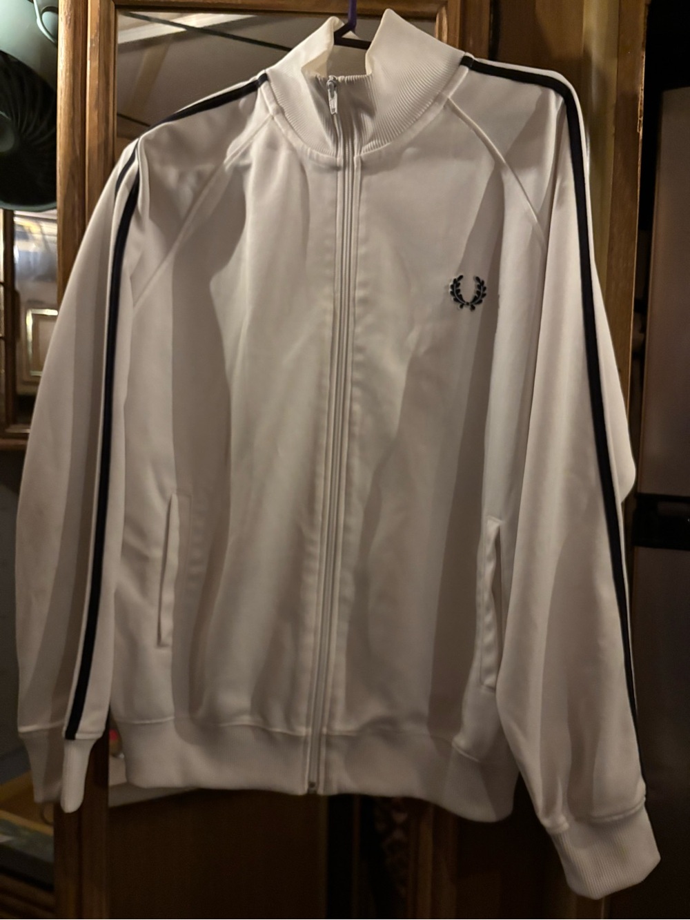 Fred Perry White Track Jacket with navy Stripes men’s medium